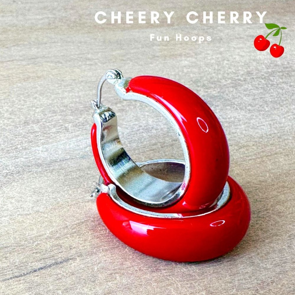 Vintage Cherry Red Resin & Silvertone Hoop Pierced Earrings